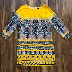 J. Crew Print Lined 3/4 Sleeve Golden Yellow Dress